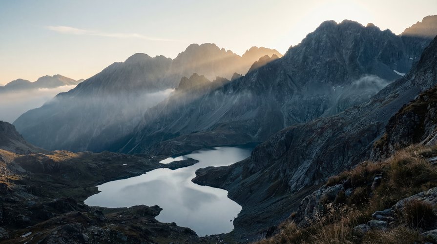 Mountain landscape and lake, cinematic visual for documentary